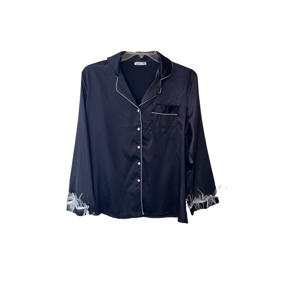 Ekouaer Size L Black Satin Women’s Pajama Shorts Set Feathers